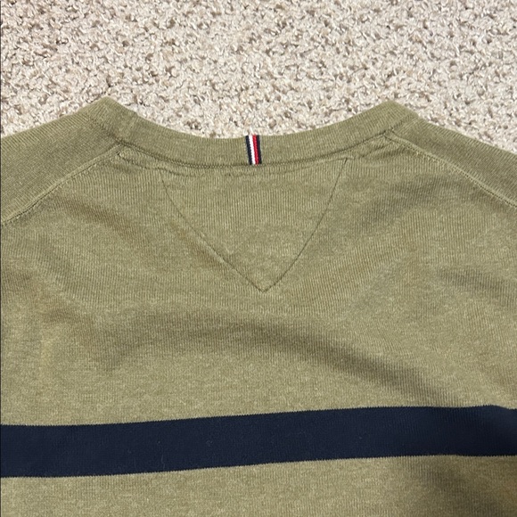 Tommy Hilfiger Men's Olive and Navy Striped Crewneck Sweater - Picture 6 of 6